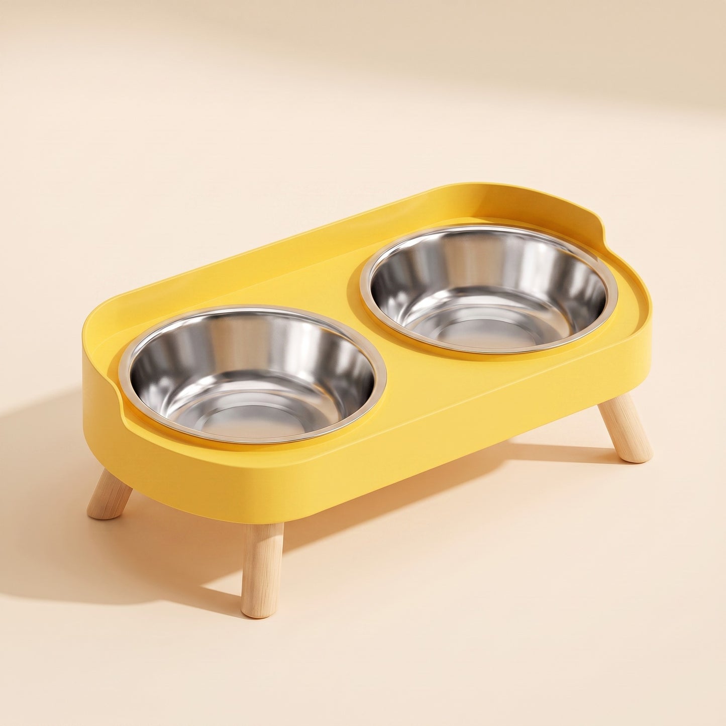 Elevated Double Bowl Station with Wood Legs in yellow