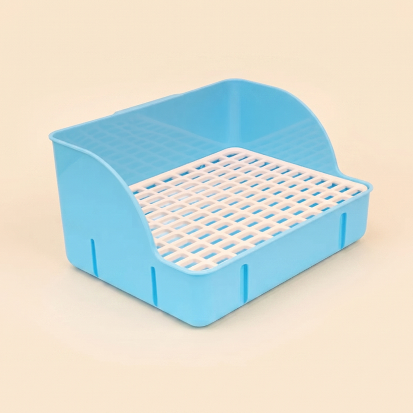 Corner Litter Tray for Rabbits and Small Pets in blue, high-back square tray