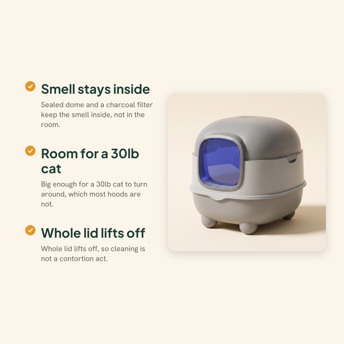Enclosed Dome Litter Box with Charcoal Filter, key benefits