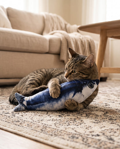 Flopping Fish Cat Toy, Rechargeable and Tap-Activated, in use at home