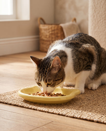 Whisker-Friendly Cat Dish, Wide and Shallow, in use at home