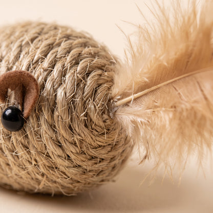 Sisal Mouse Cat Toys with Feather Tails, close-up detail