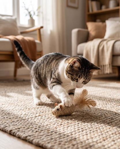 Sisal Mouse Cat Toys with Feather Tails, in use at home