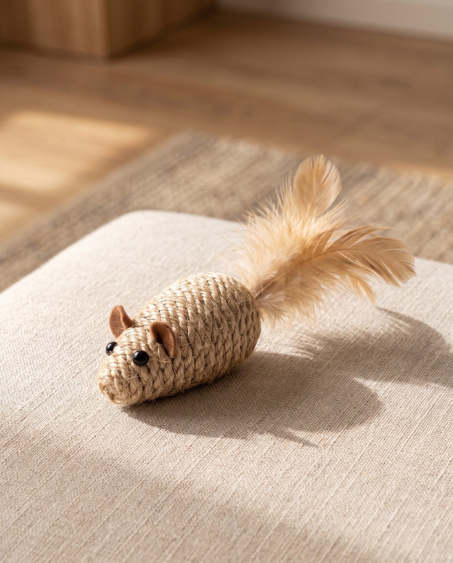 Sisal Mouse Cat Toys with Feather Tails, styled in a home setting