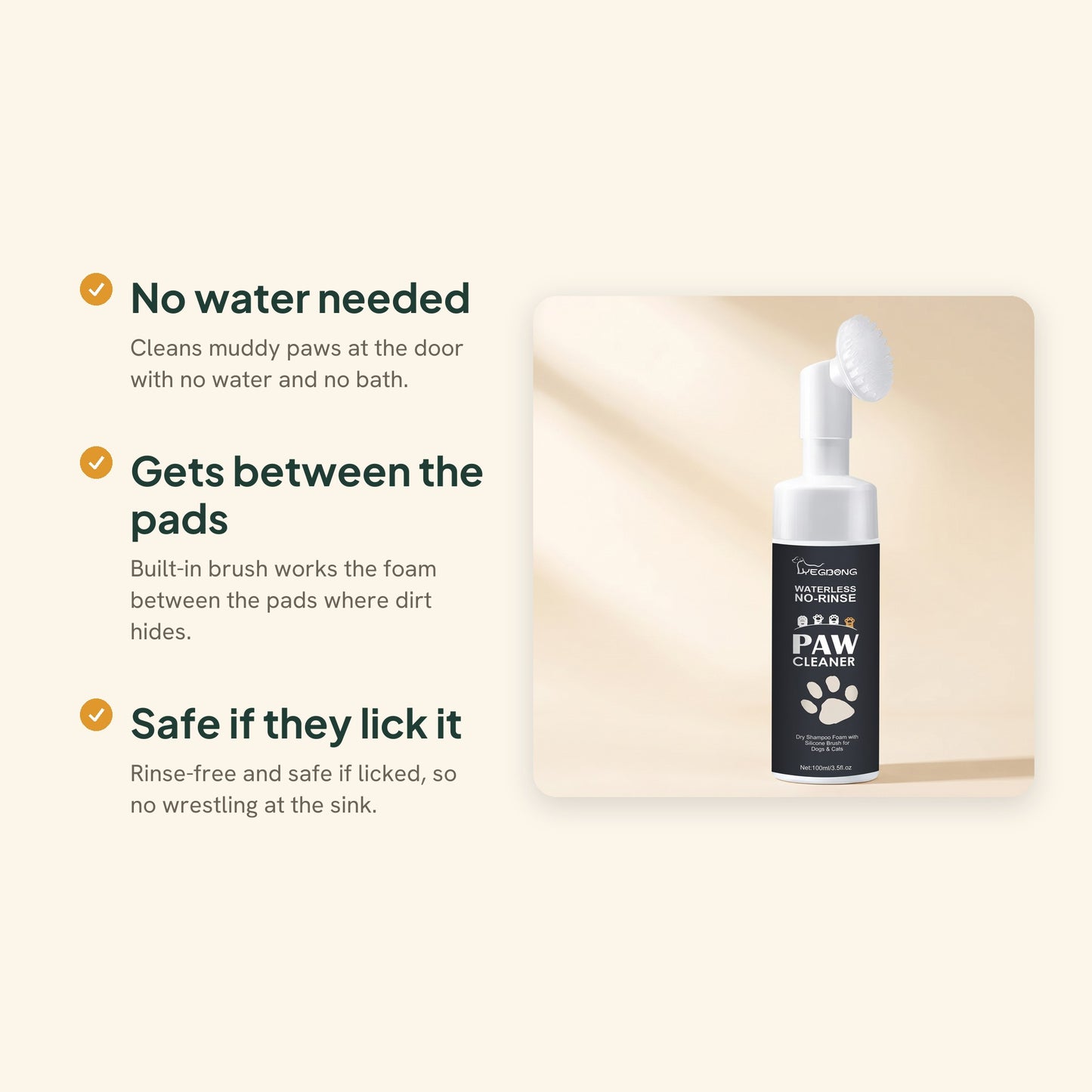 No-Rinse Paw Cleaning Foam with Brush Cap, key benefits