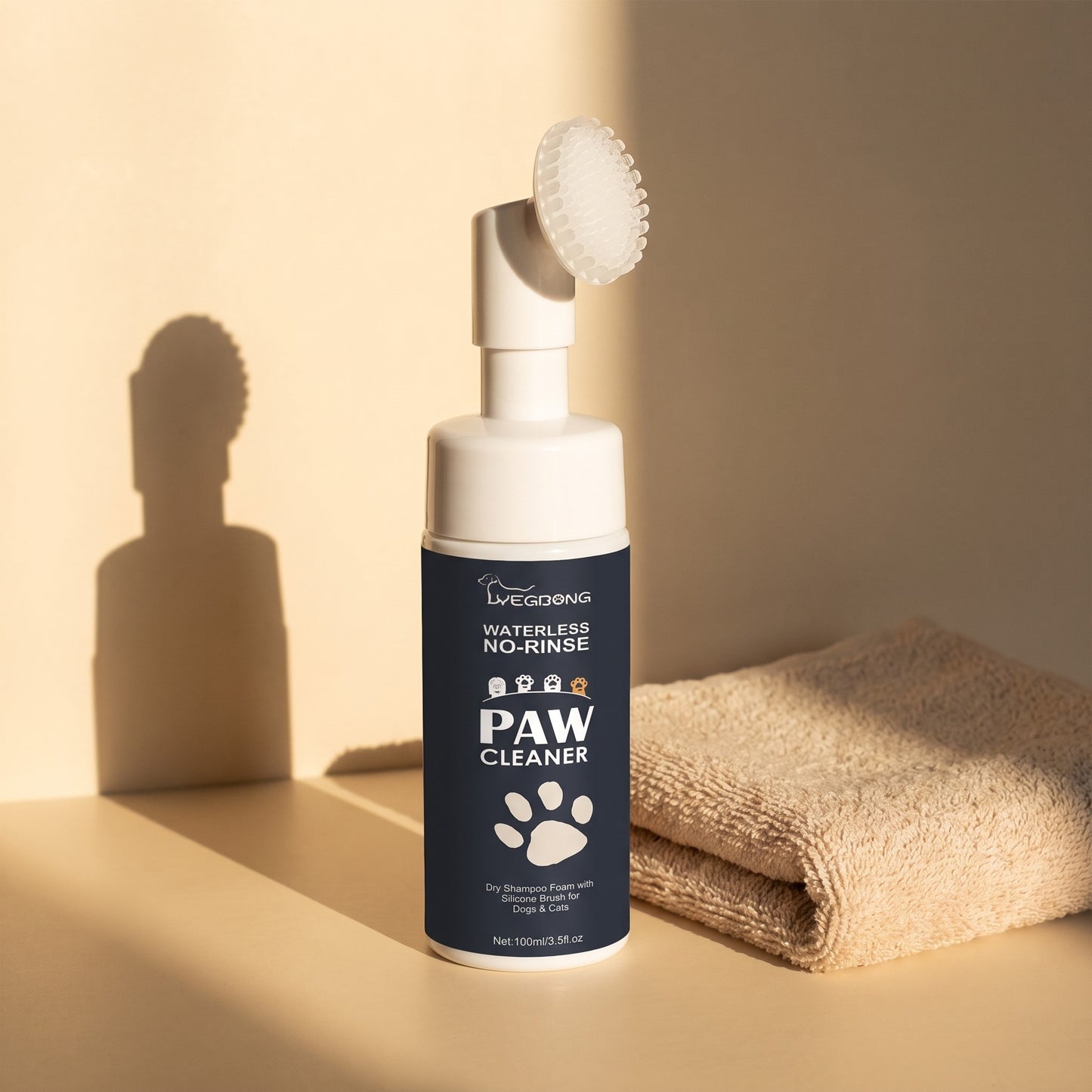 No-Rinse Paw Cleaning Foam with Brush Cap, styled in a home setting