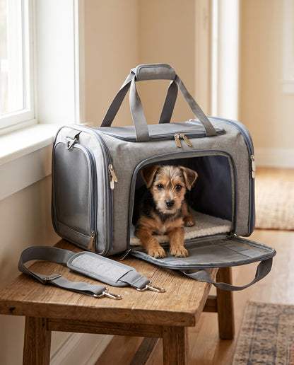 Soft-Sided Collapsible Pet Carrier, in use at home