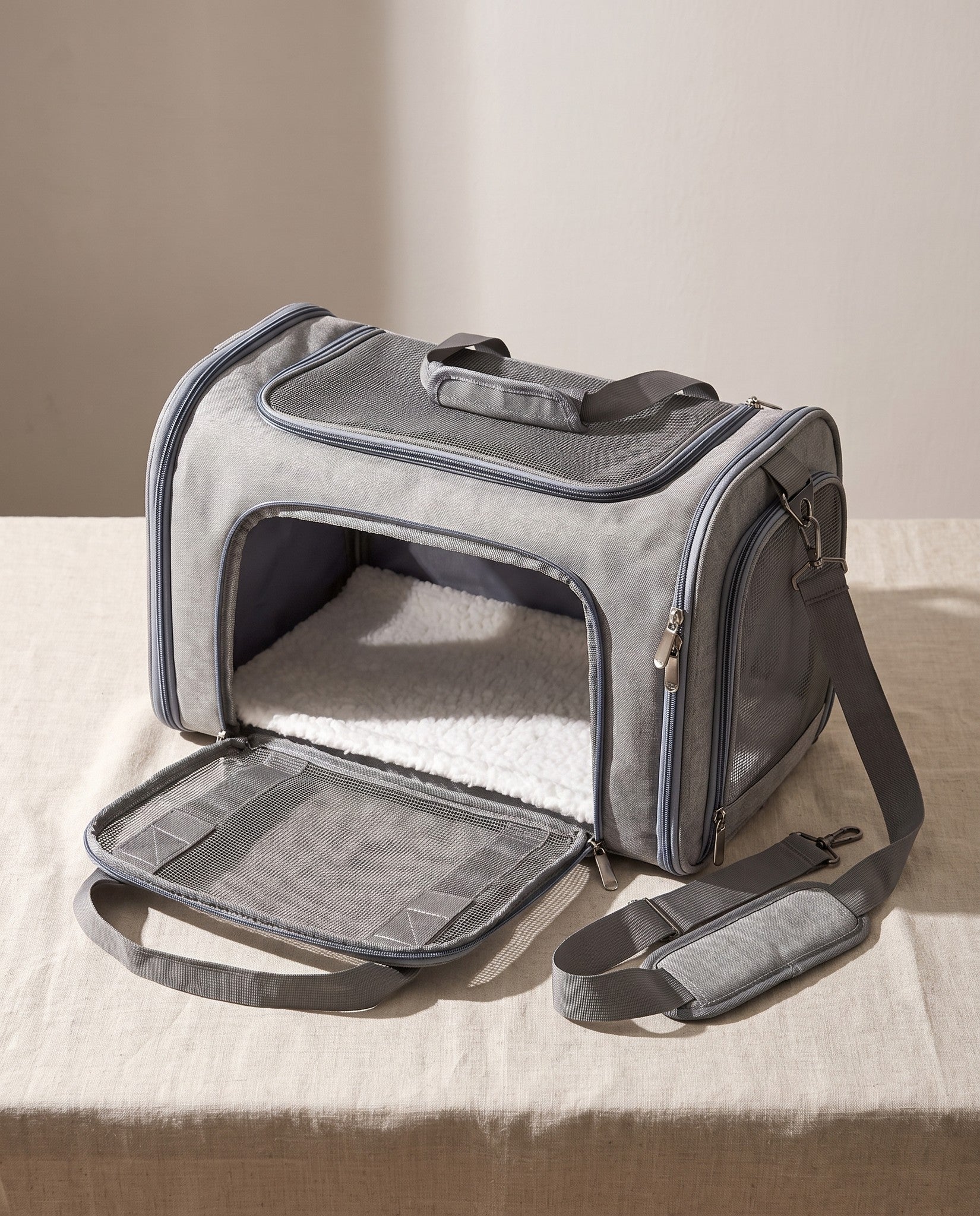 Soft-Sided Collapsible Pet Carrier, styled in a home setting