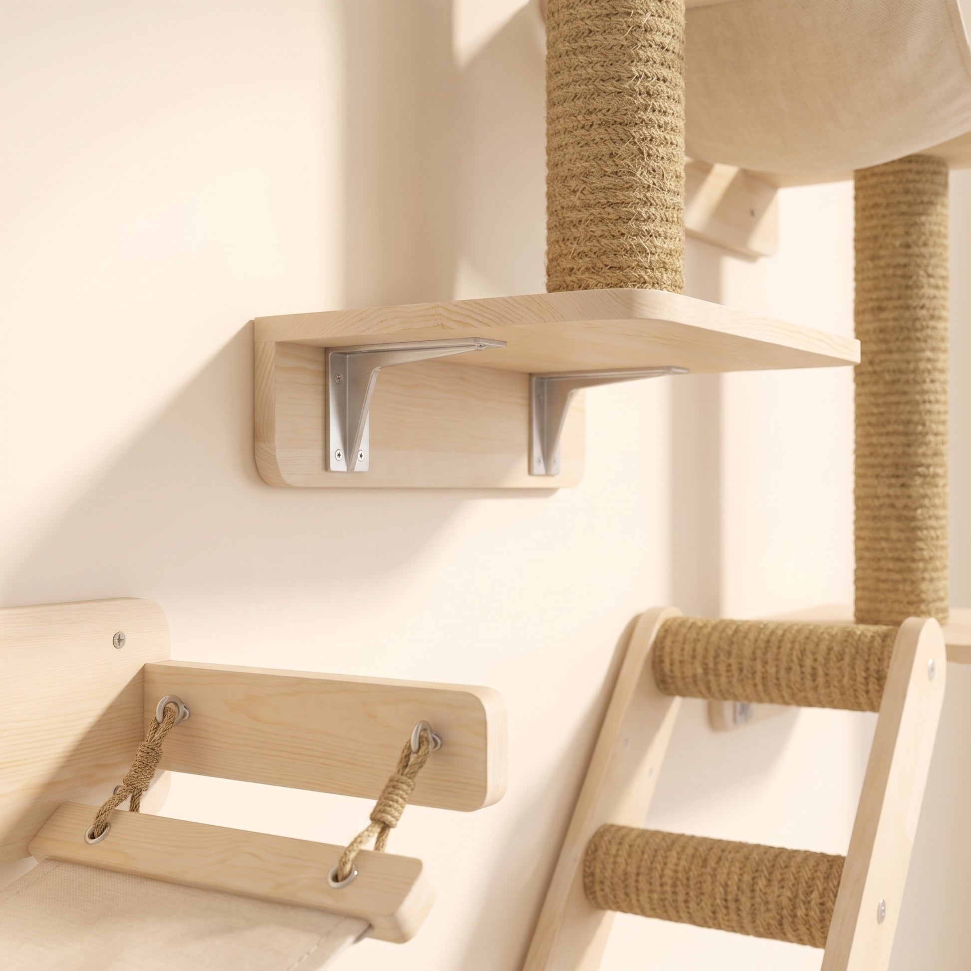 Wall-Mounted Cat Shelves with Sisal Post, close-up detail