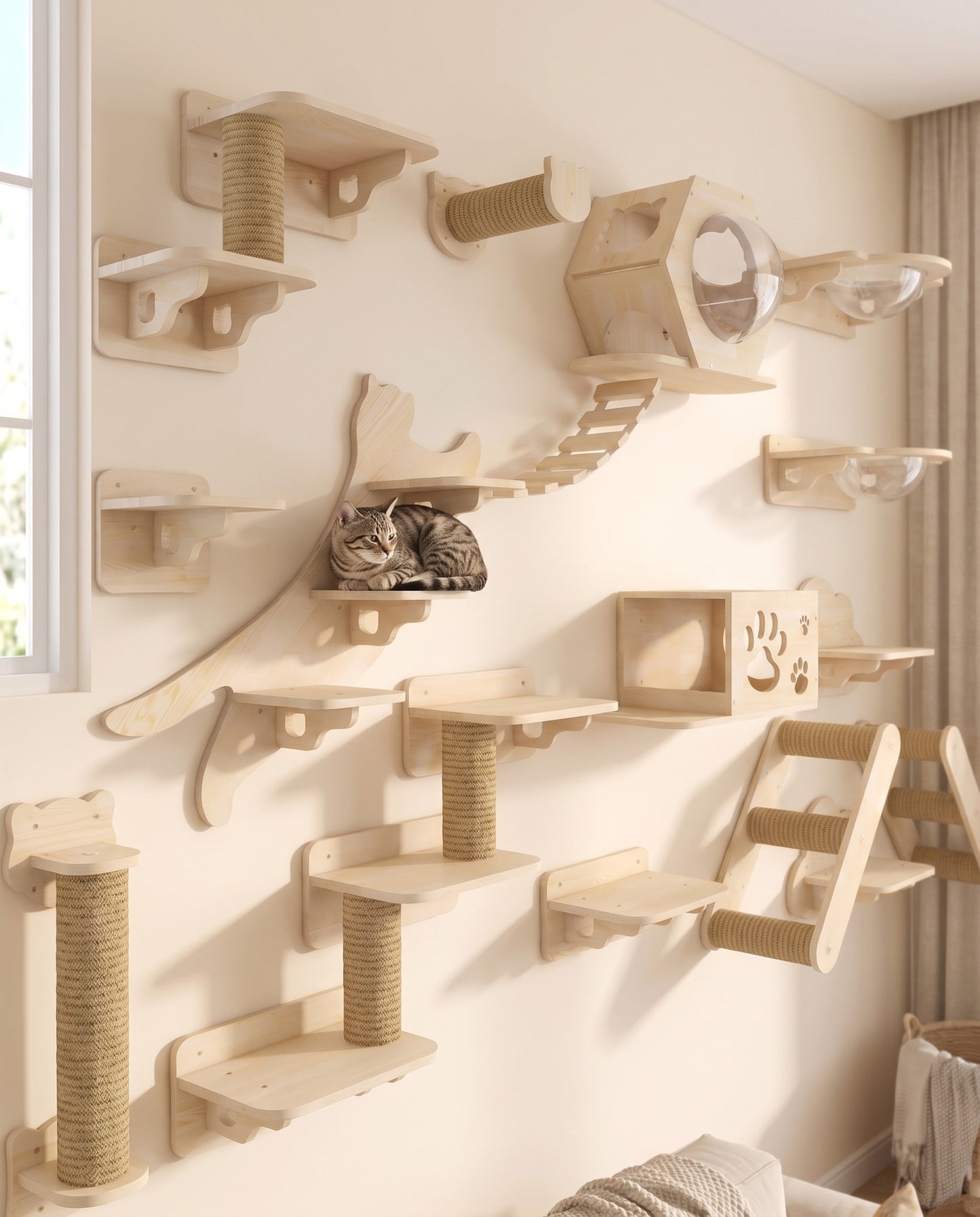 Wall-Mounted Cat Shelves with Sisal Post, in use at home
