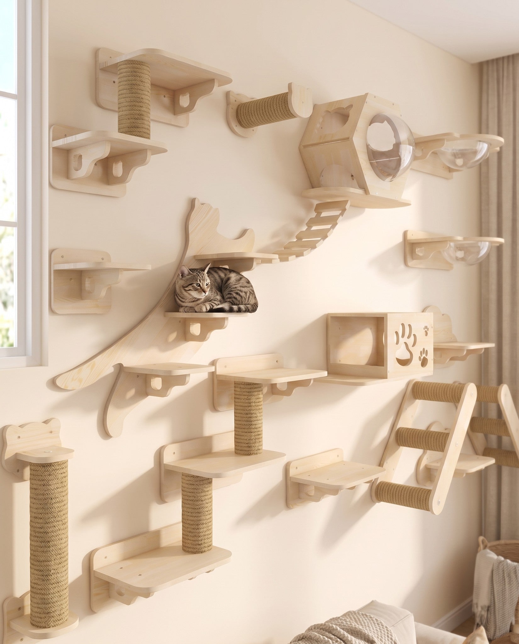 Wall-Mounted Cat Shelves with Sisal Post, in use at home