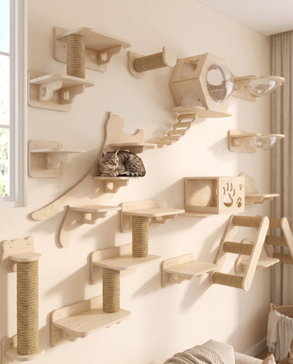Wall-Mounted Cat Shelves with Sisal Post, in use at home