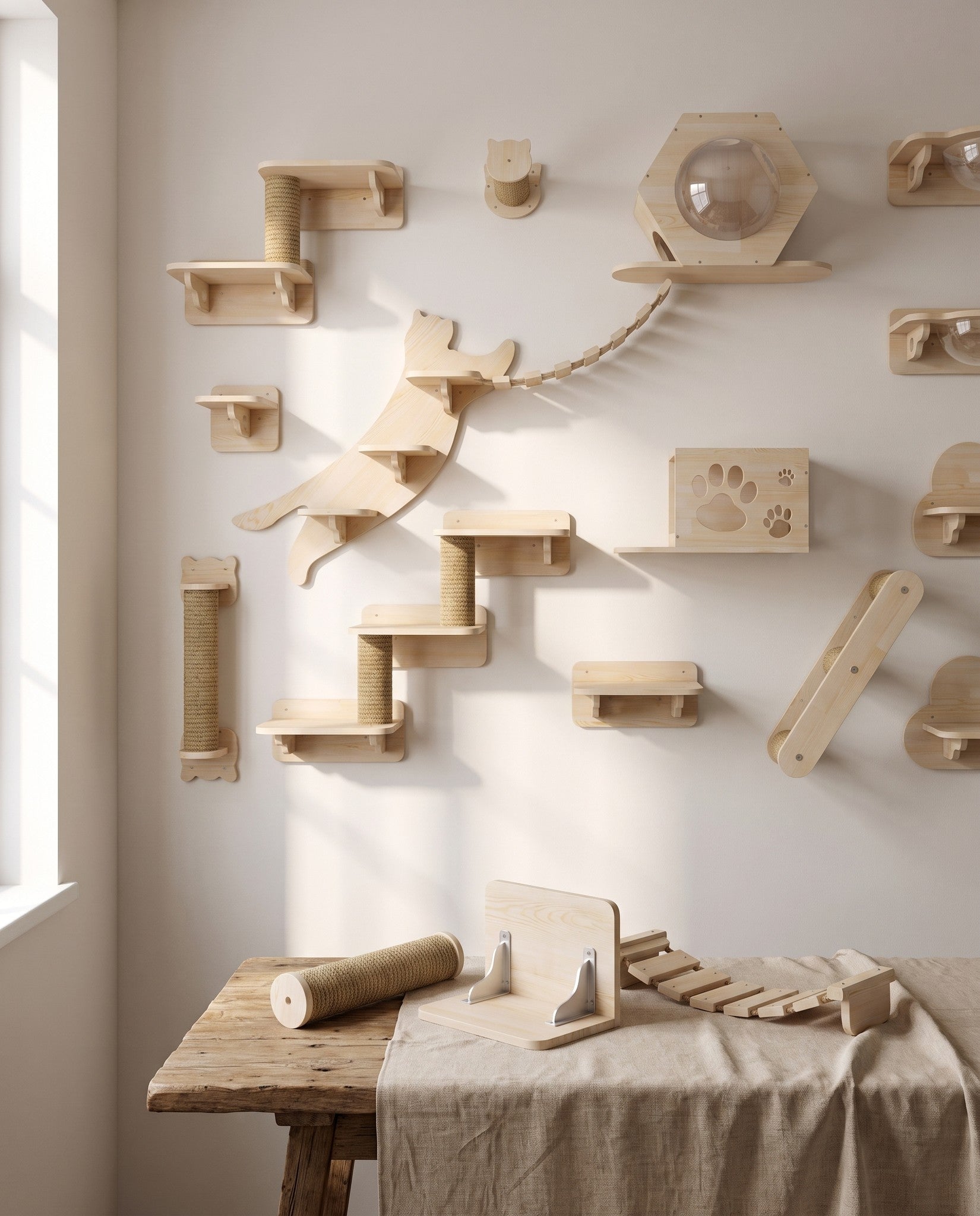 Wall-Mounted Cat Shelves with Sisal Post, styled in a home setting