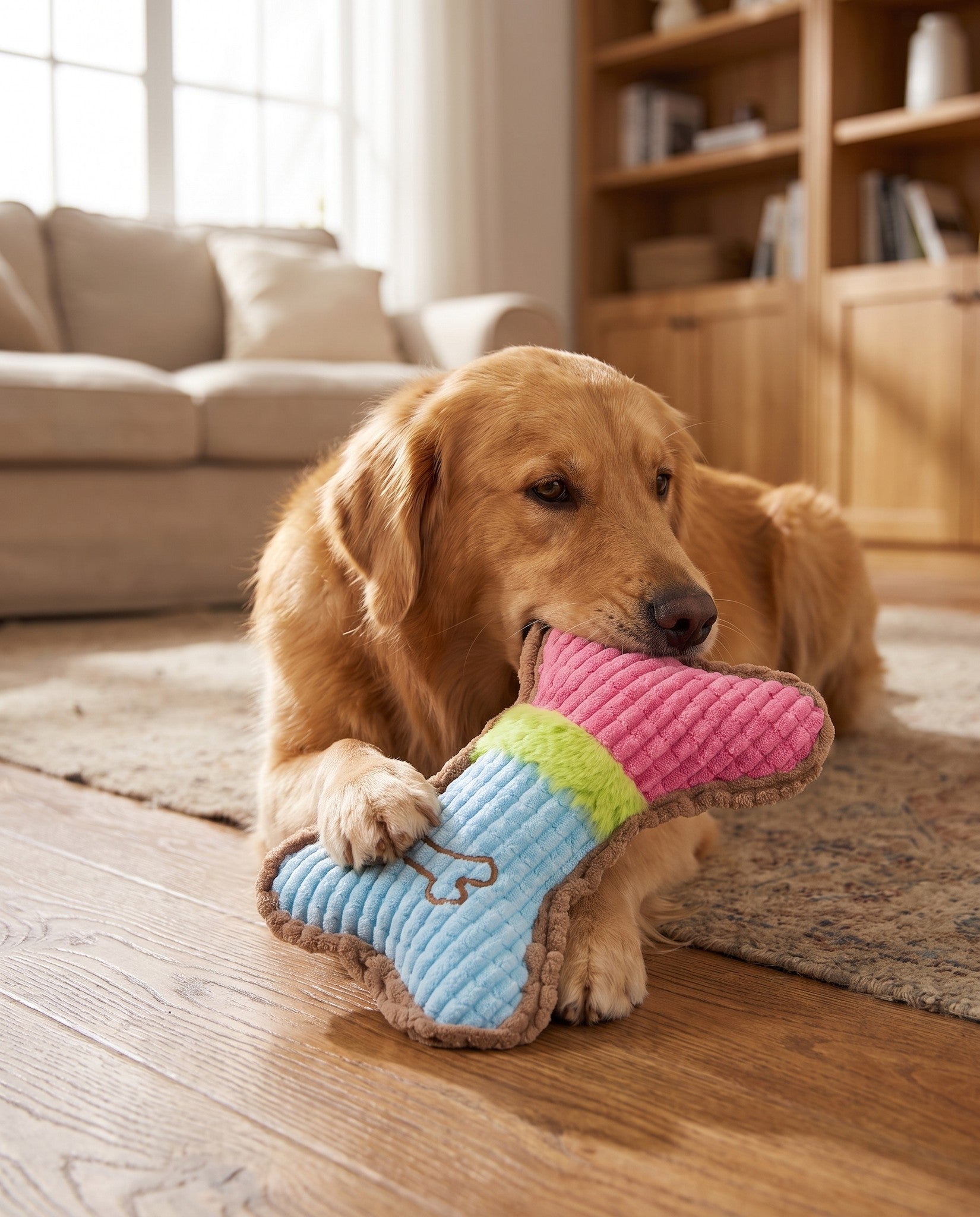 Squeaky Plush Bone Toy for Dogs, in use at home