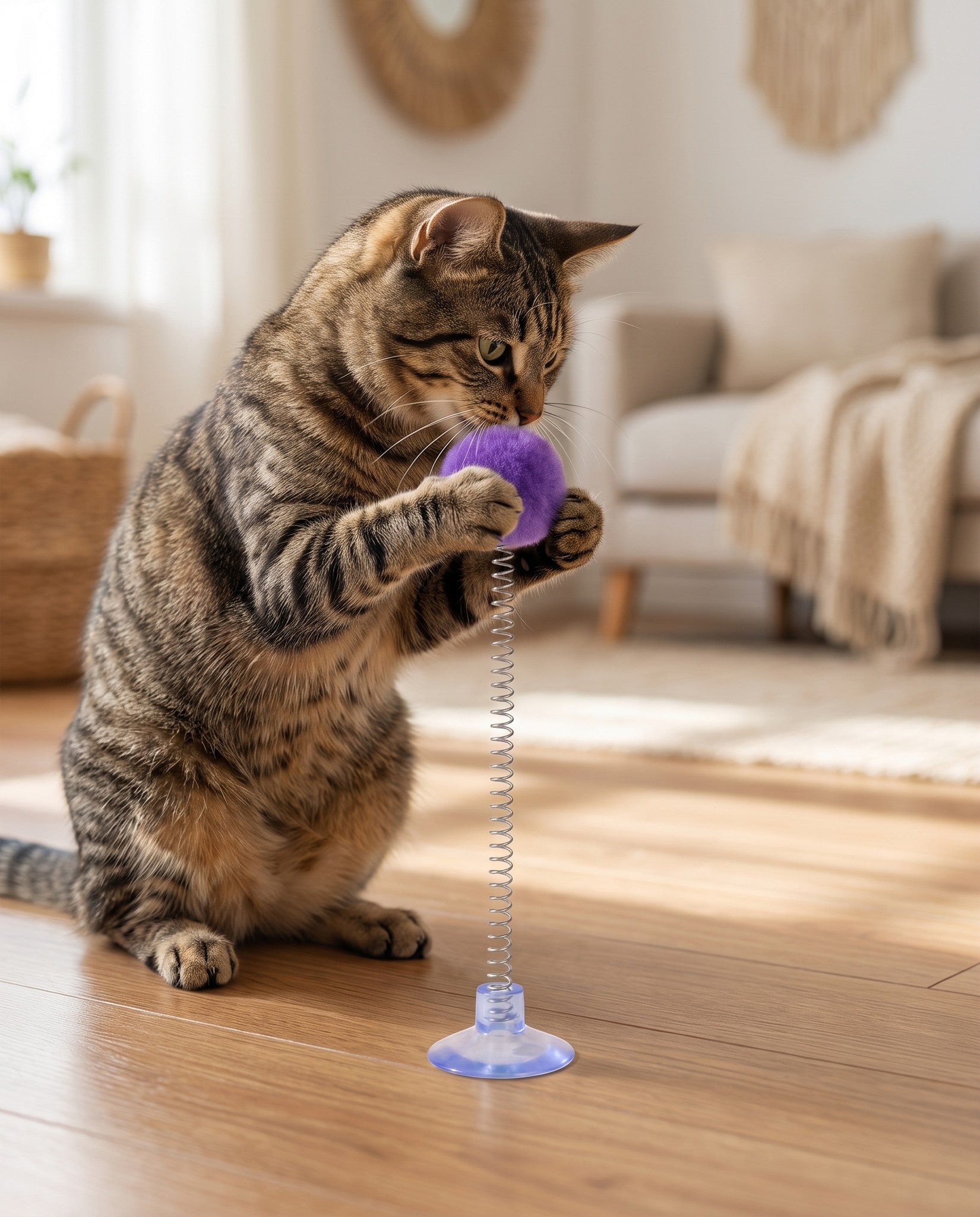 Suction Cup Spring Ball Cat Toy, in use at home