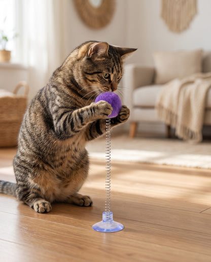 Suction Cup Spring Ball Cat Toy, in use at home