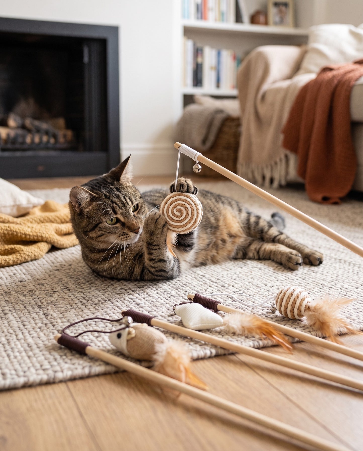 Wooden Cat Teaser Wand, in use at home