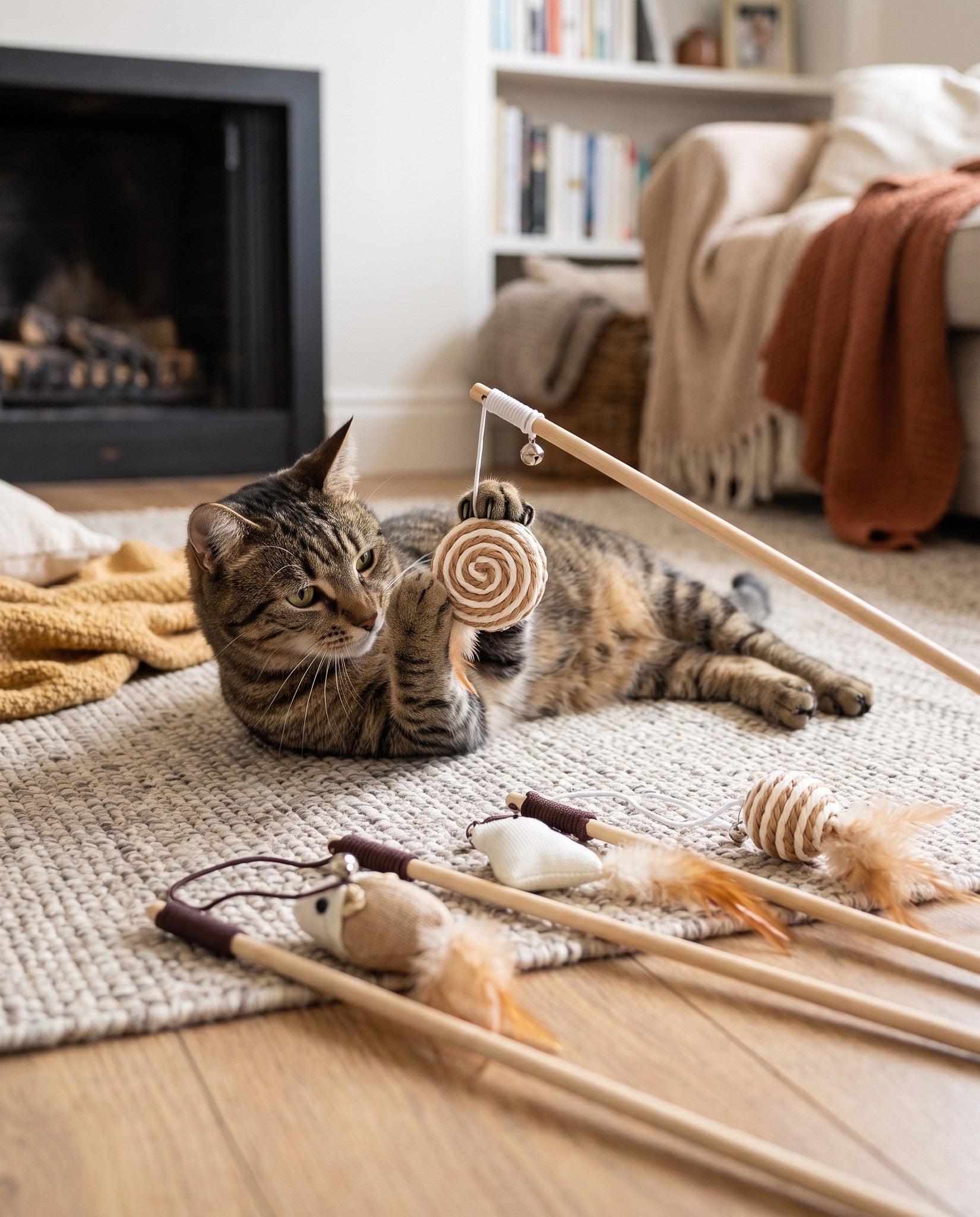 Wooden Cat Teaser Wand, in use at home