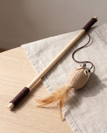 Wooden Cat Teaser Wand, styled in a home setting