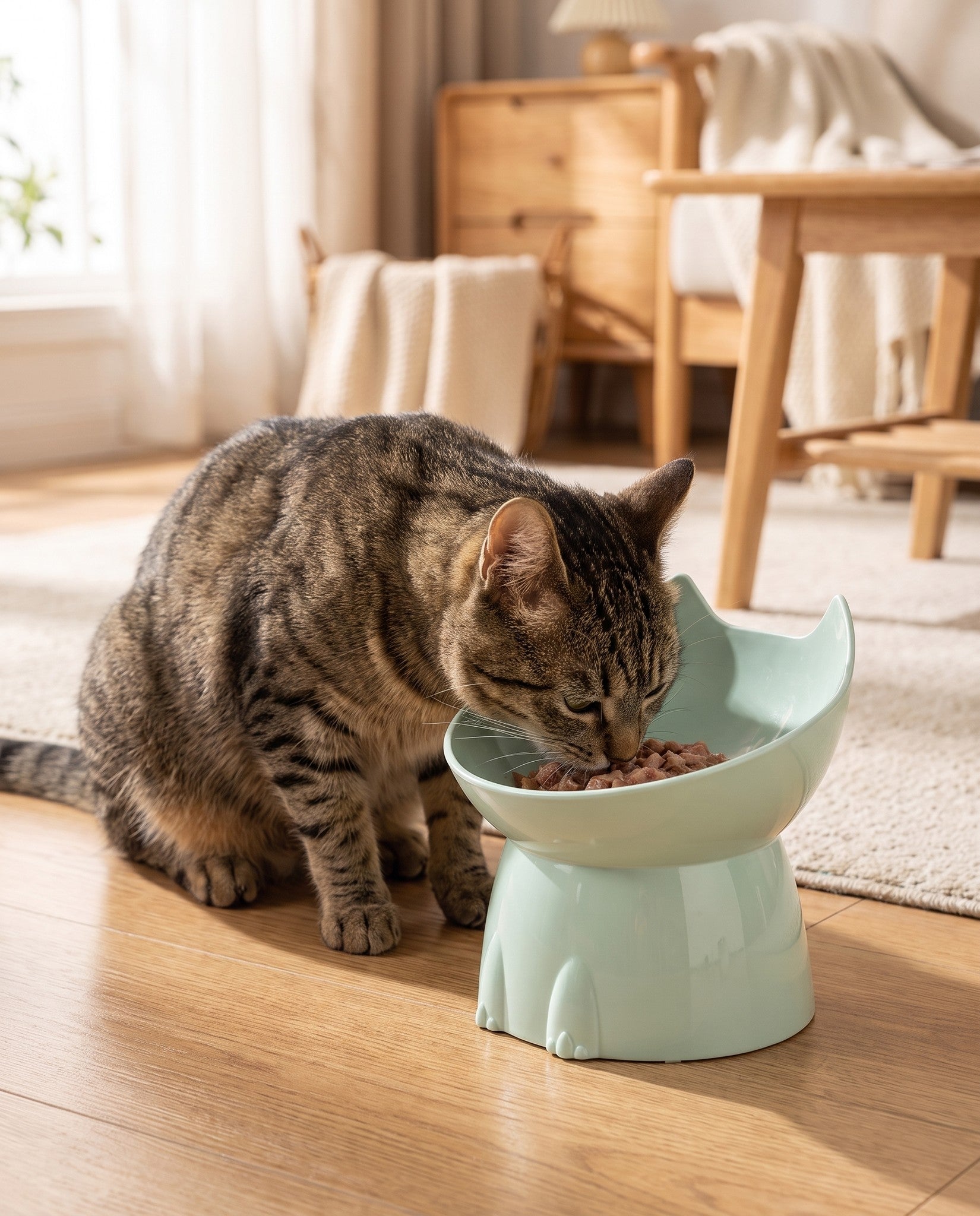 Elevated Tilted Cat Bowl, Anti-Tip, in use at home