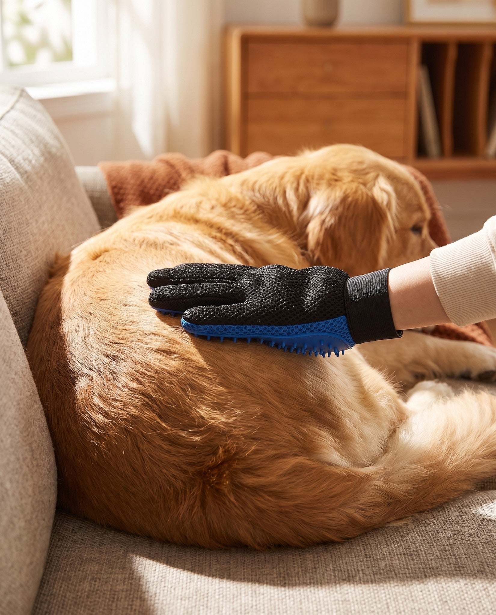Deshedding Grooming Glove for Dogs and Cats, in use at home