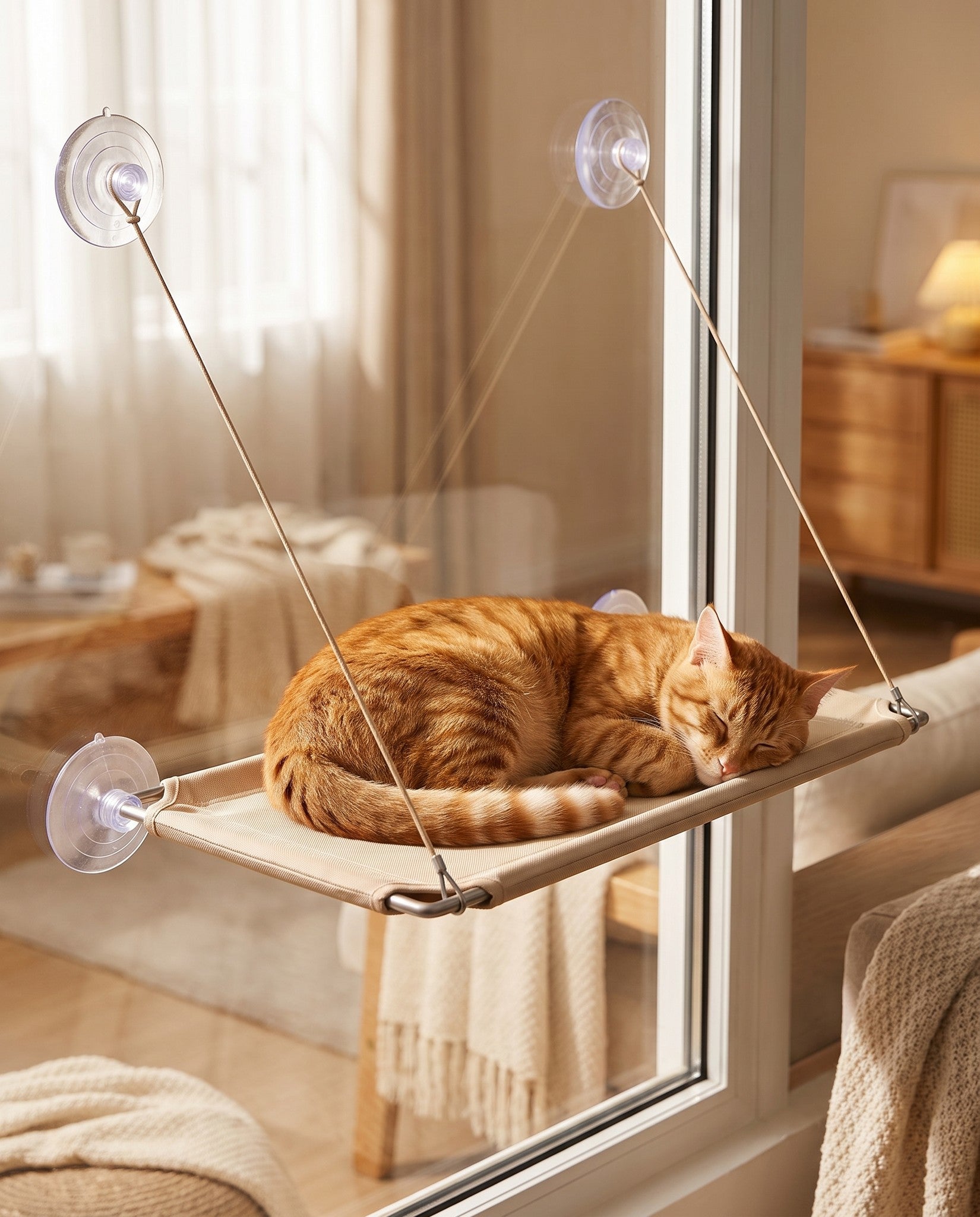 Window Cat Hammock with Suction Cups, in use at home