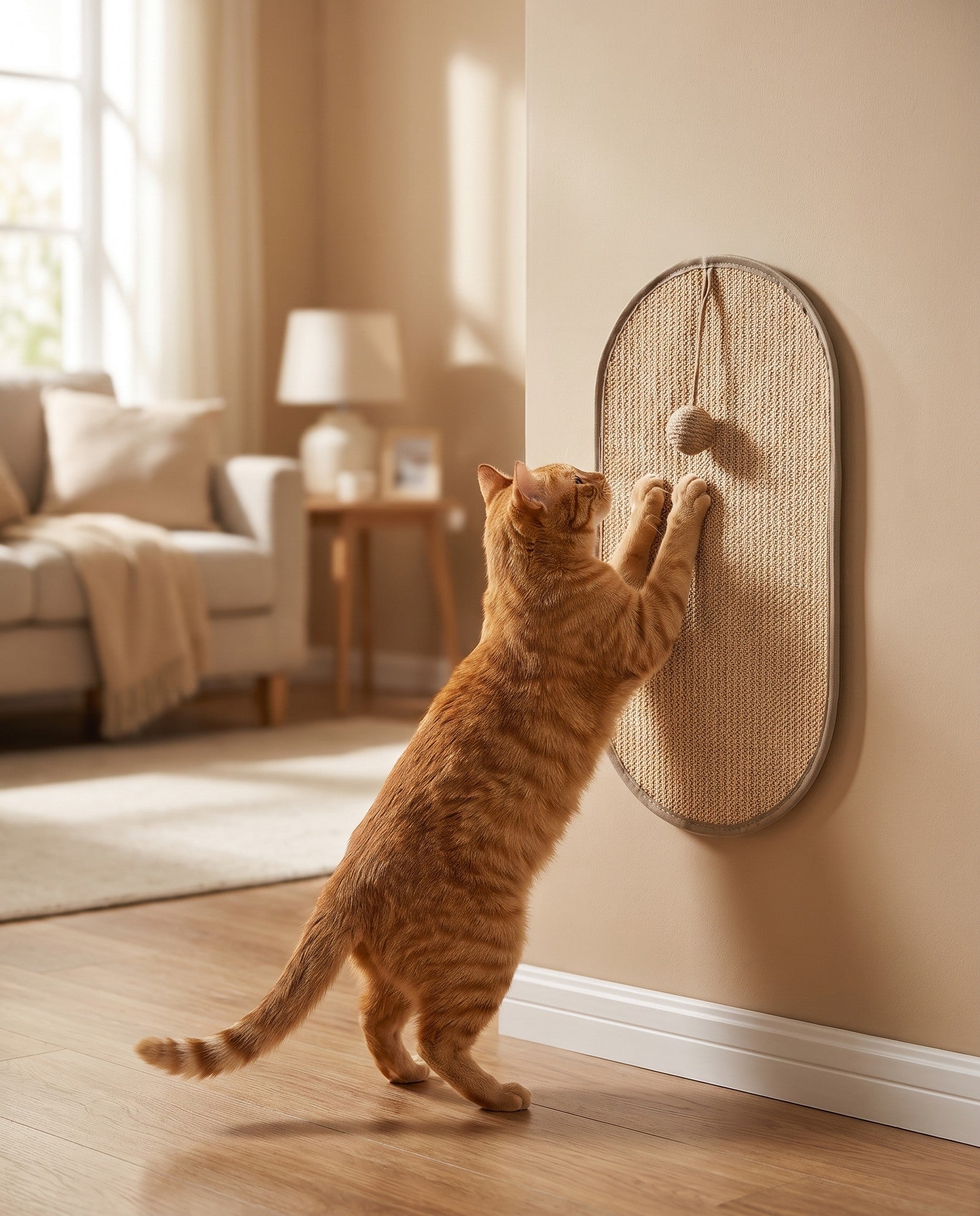 Sisal Wall Scratching Pad with Hanging Ball, in use at home