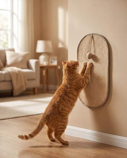 Sisal Wall Scratching Pad with Hanging Ball, in use at home