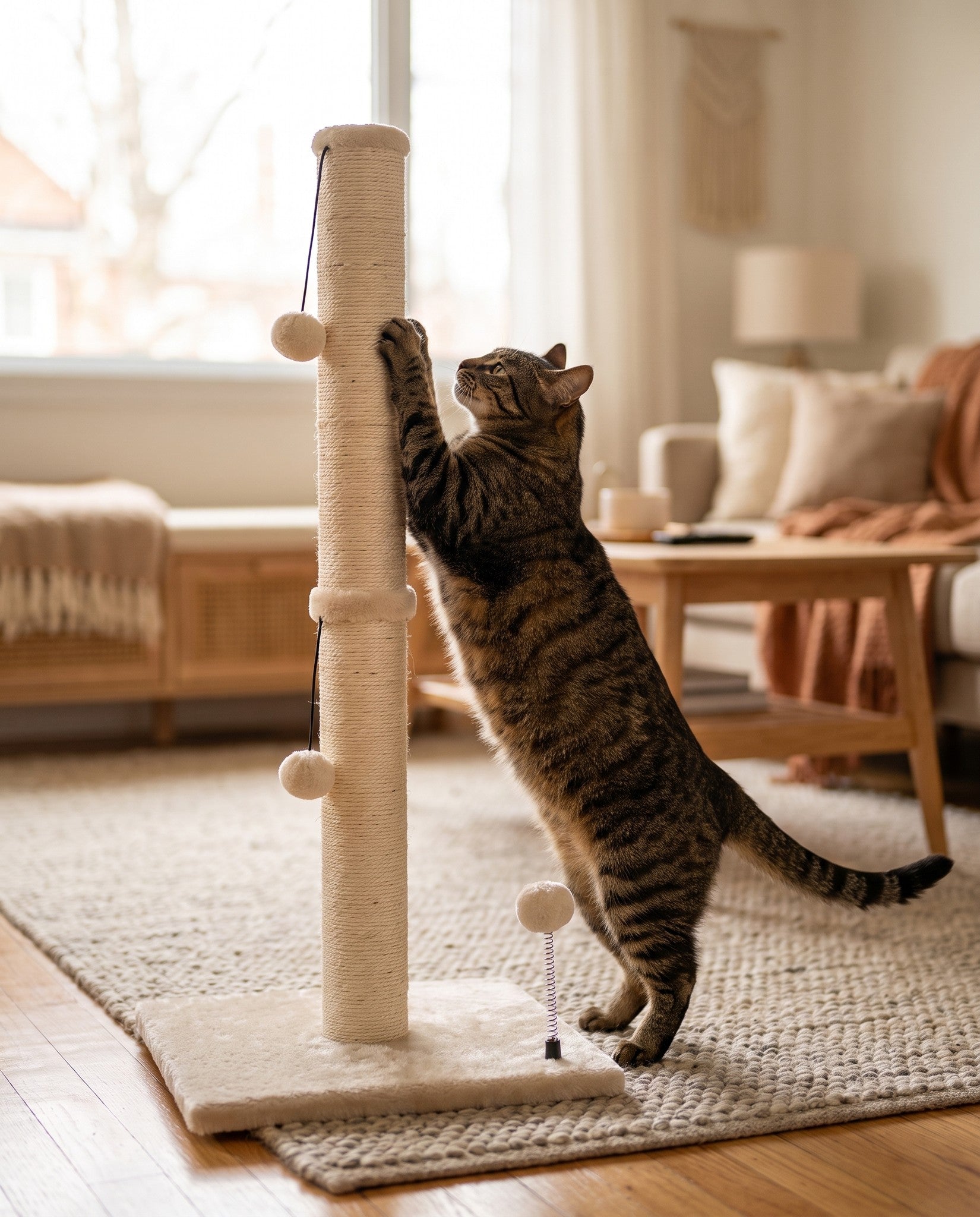 Tall Sisal Cat Scratching Post with Ball, in use at home