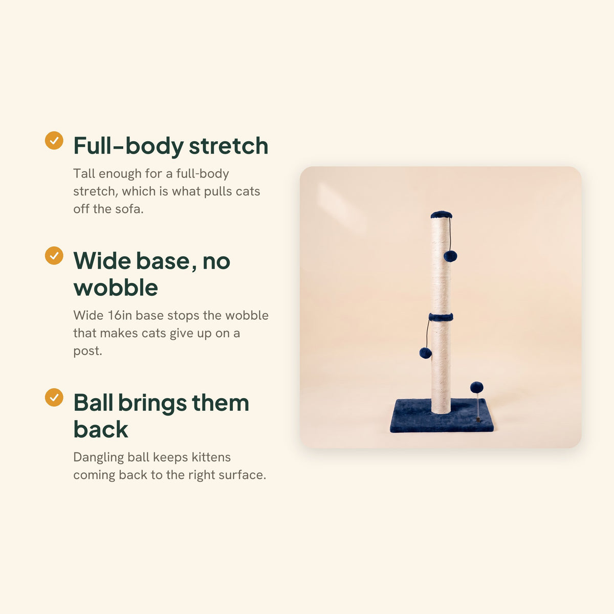 Tall Sisal Scratching Post, Navy Blue, key benefits