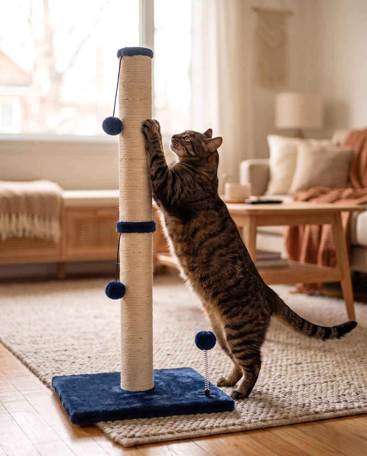 Tall Sisal Scratching Post, Navy Blue, in use