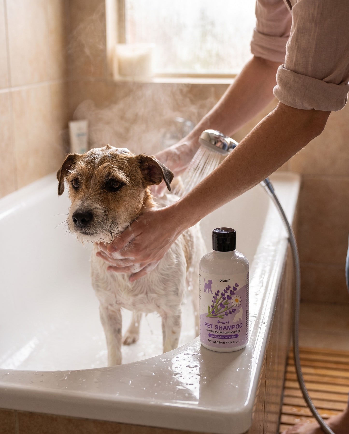 4-in-1 Dog Shampoo and Conditioner, Chamomile and Lavender, in use at home