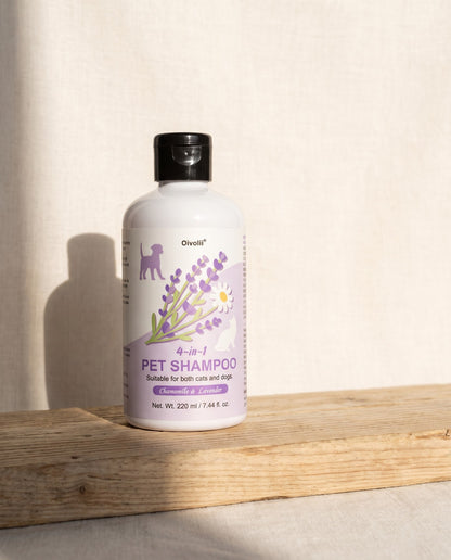 4-in-1 Dog Shampoo and Conditioner, Chamomile and Lavender, styled in a home setting
