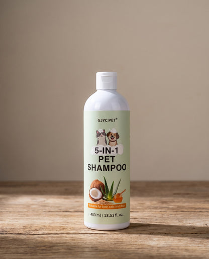 5-in-1 Pet Shampoo with Oatmeal and Aloe, styled in a home setting