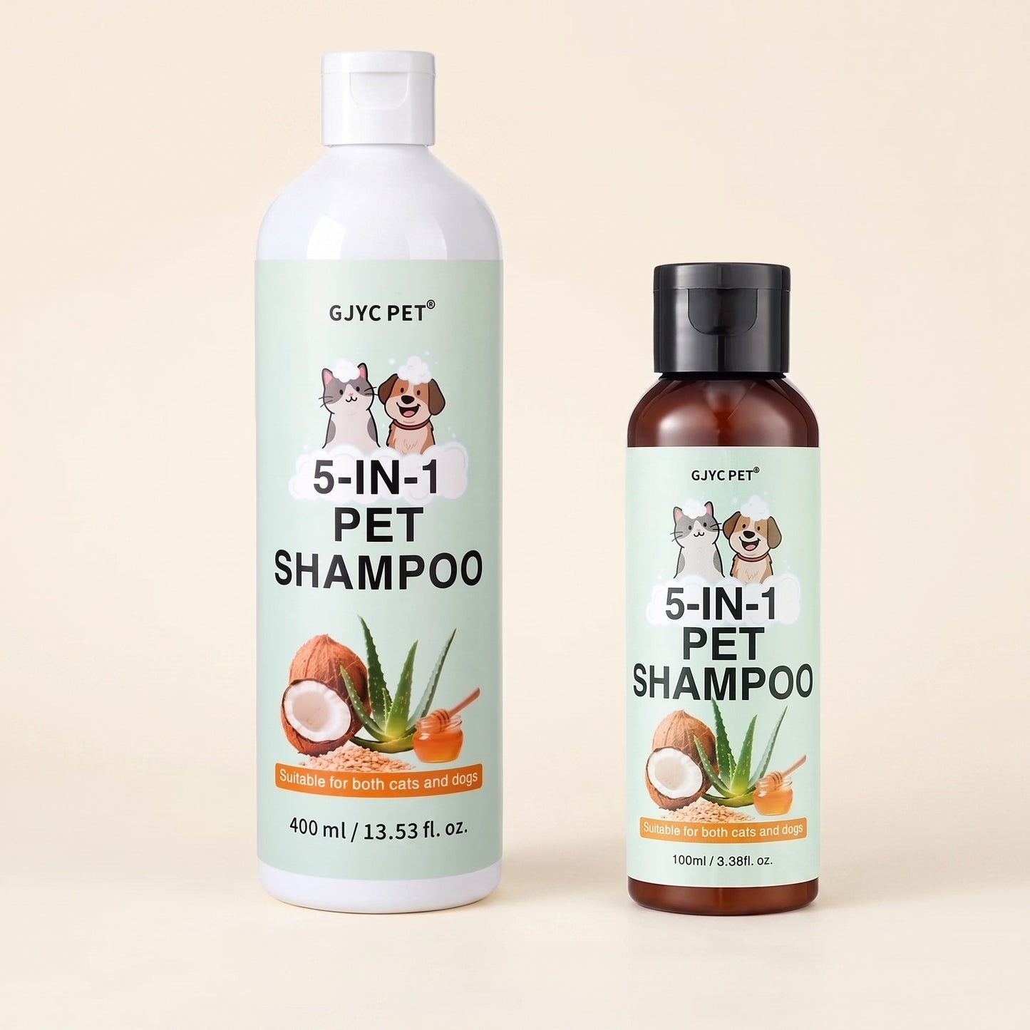 5-in-1 Pet Shampoo with Oatmeal and Aloe - 100 ml and 400 ml bottles, size comparison
