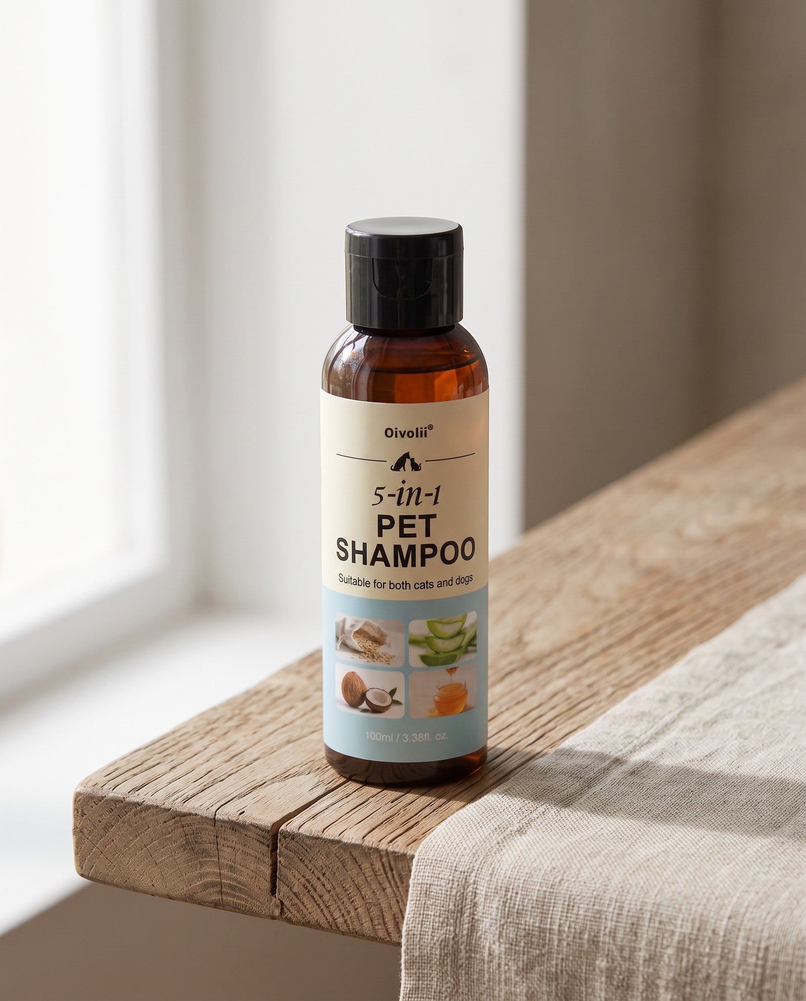 5-in-1 Pet Shampoo, Coconut and Honey, styled in a home setting