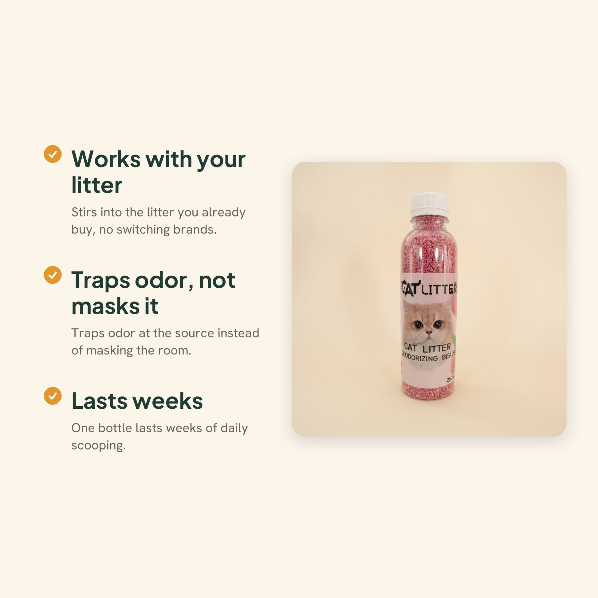Cat Litter Deodorizing Beads, 250ml, key benefits