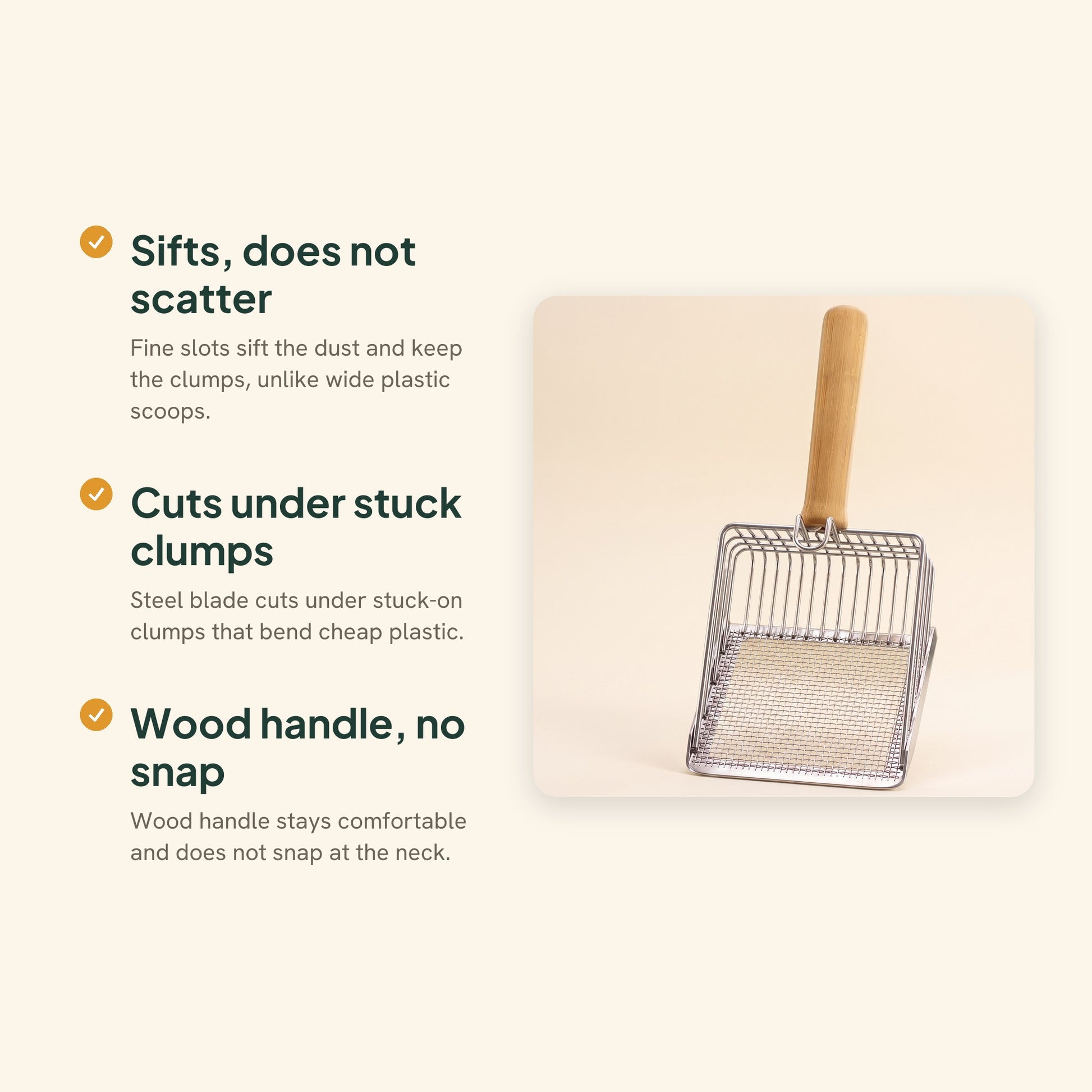 Stainless Steel Litter Scoop with Wood Handle, key benefits