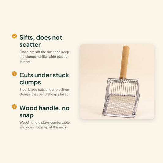 Stainless Steel Litter Scoop with Wood Handle, key benefits