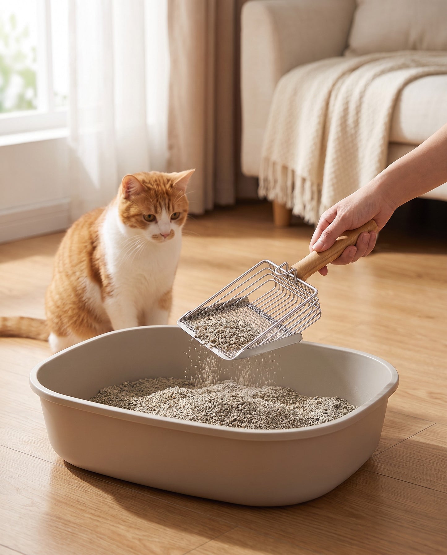 Stainless Steel Litter Scoop with Wood Handle, in use at home