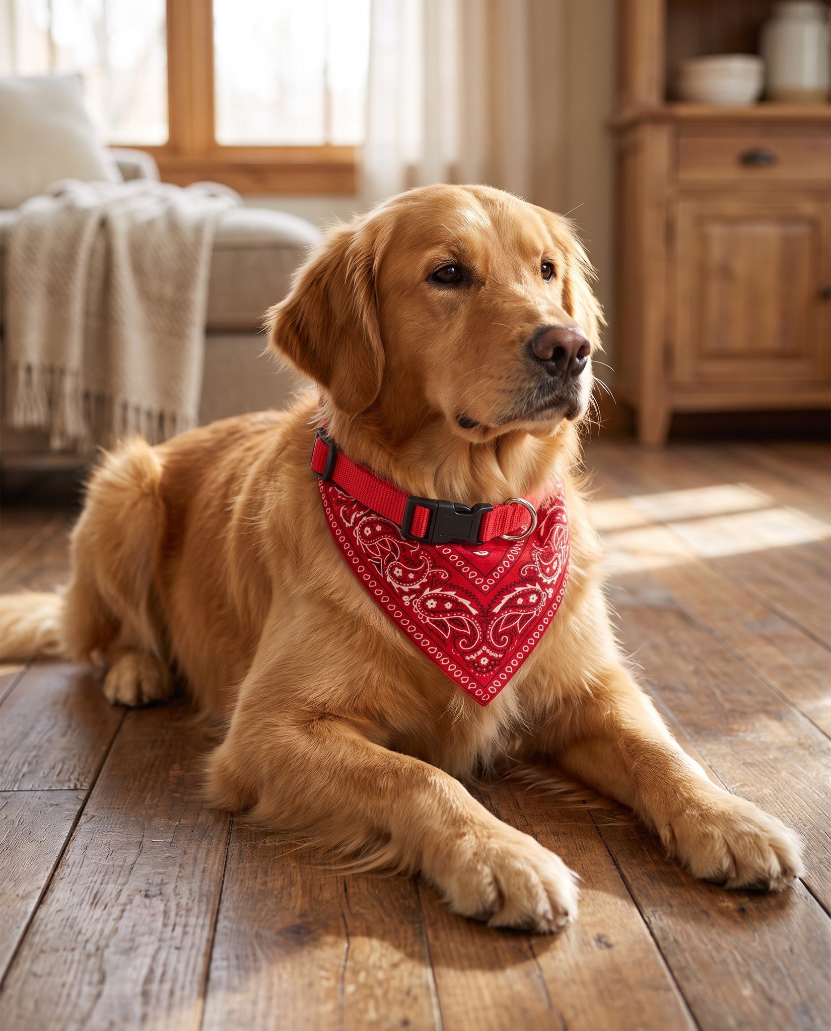 Adjustable Pet Bandana Collar, in use at home