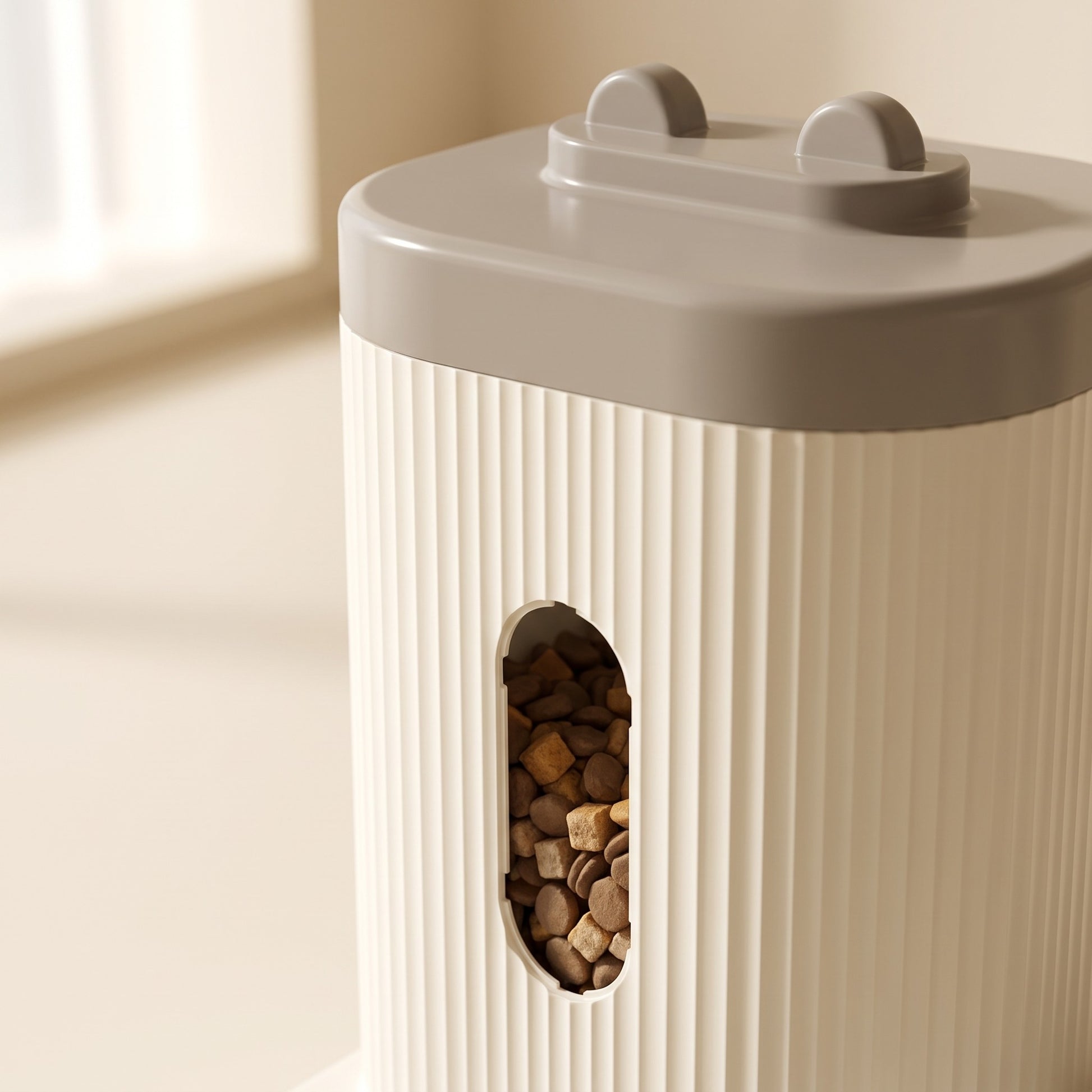 Automatic Gravity Feeder with Water Dispenser, close-up detail