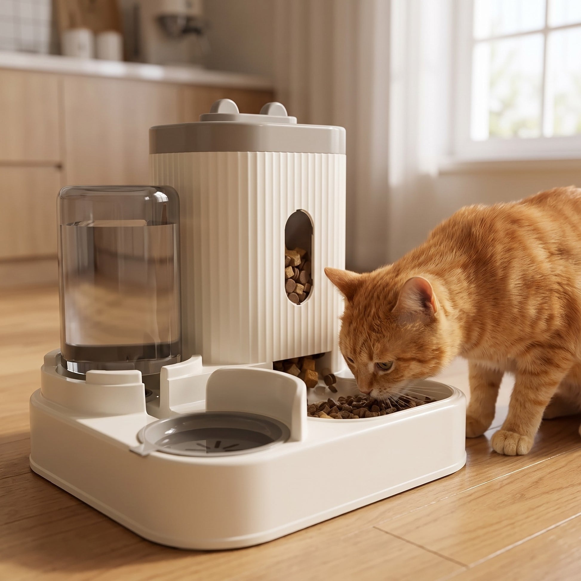 Automatic Gravity Feeder with Water Dispenser, in use at home