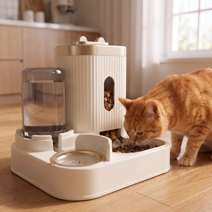 Gravity Feeder with Water Dispenser, Gold, in use