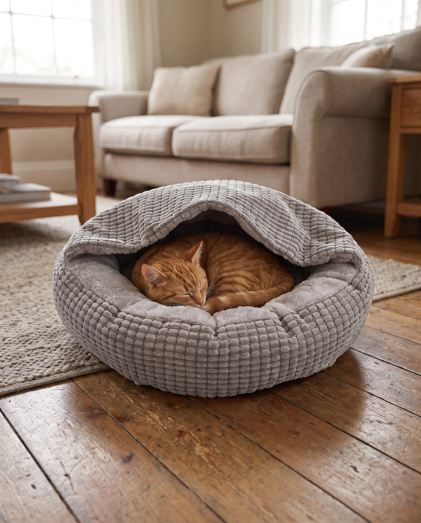 2-in-1 Hooded Cuddler Bed, in use at home