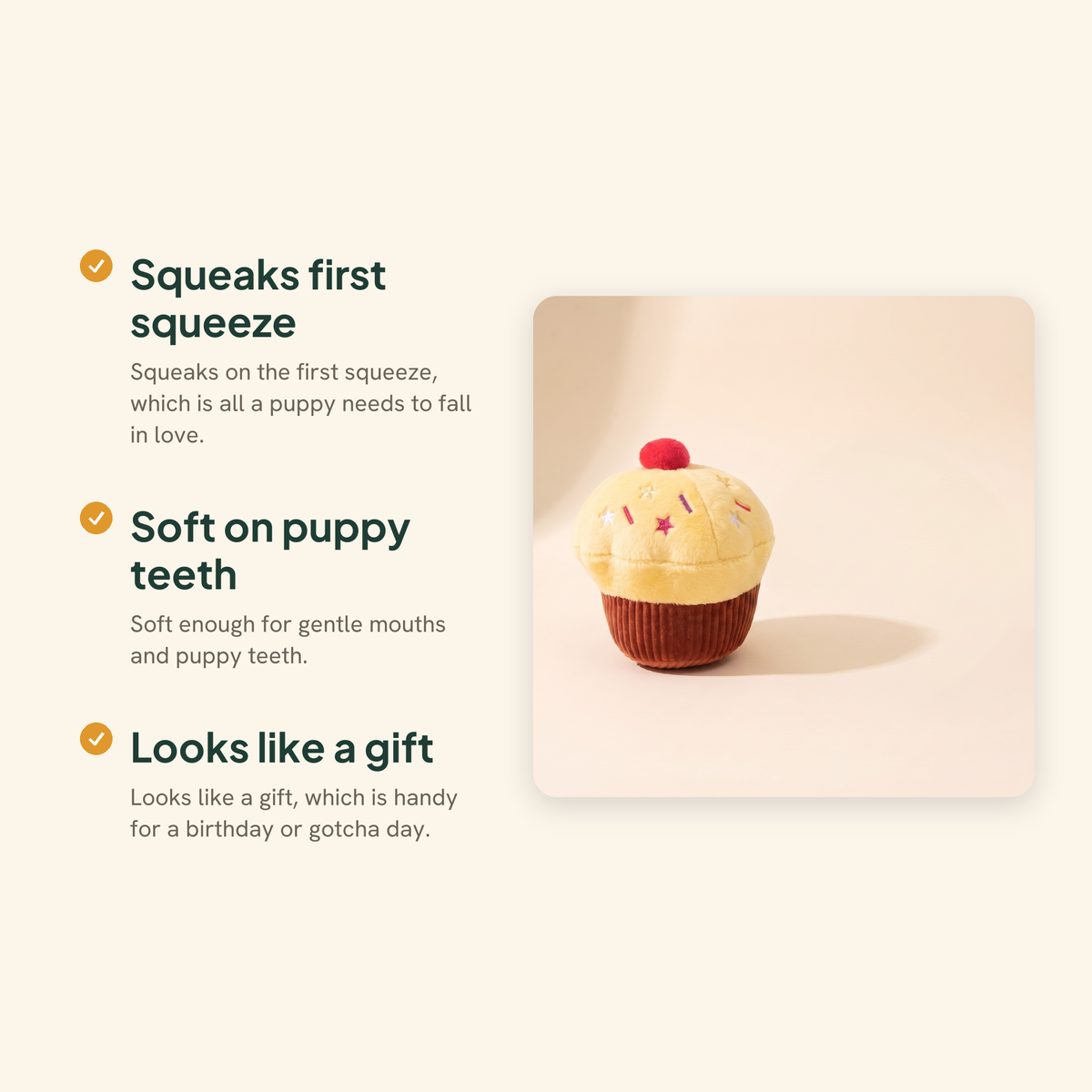 Squeaky Cupcake Plush Dog Toys, key benefits