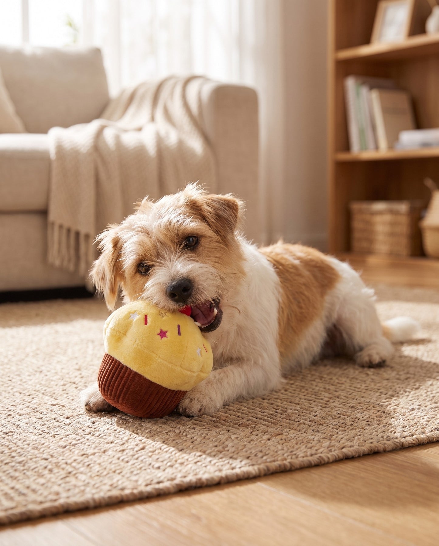 Squeaky Cupcake Plush Dog Toys, in use at home