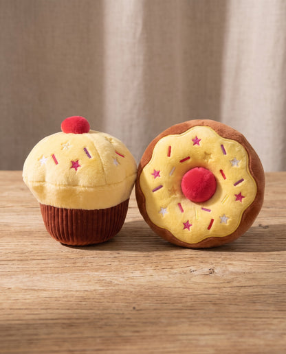 Squeaky Cupcake Plush Dog Toys, styled in a home setting