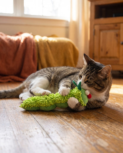 Caterpillar Catnip Kicker Toy for Cats, in use at home