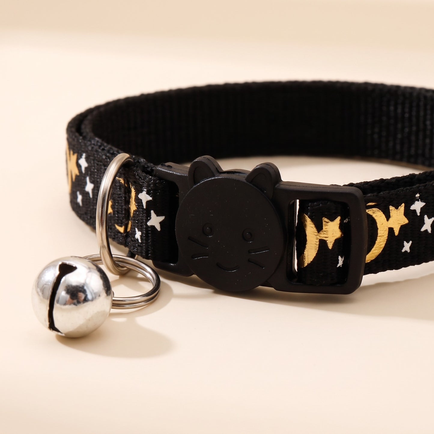 Star and Moon Cat Collar with Bell, close-up detail